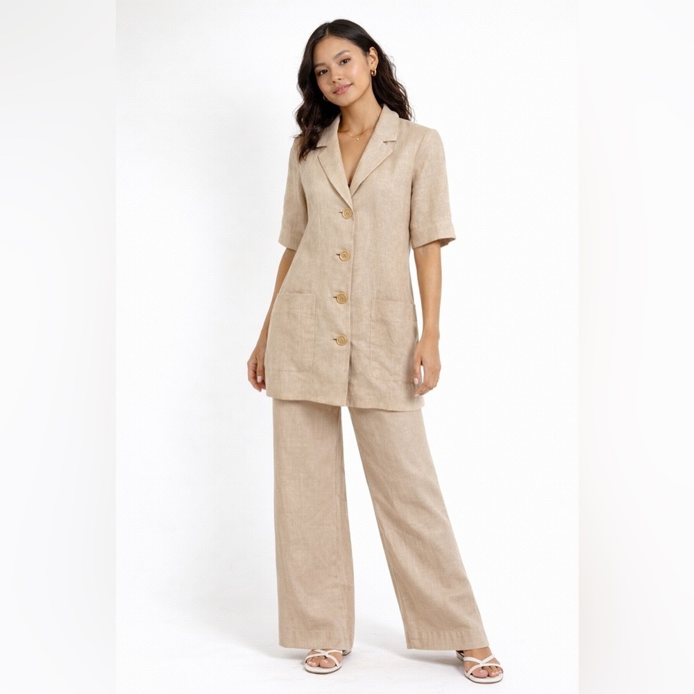 Falda Collection Beige Linen Short Sleeve Blazer Button Front Size 44
